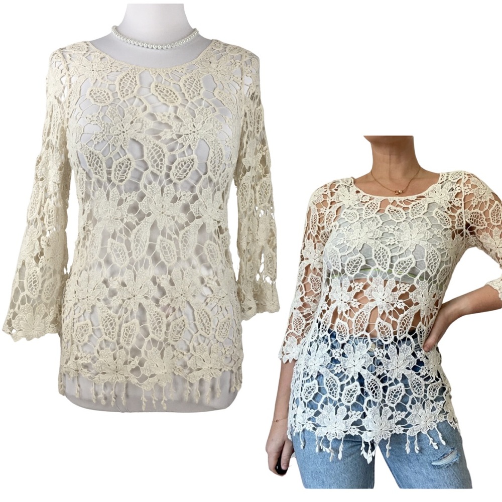 Anthro Finn & Clover Crochet 3/4 Sleeve Cotton Scallops Tassels Top size Medium